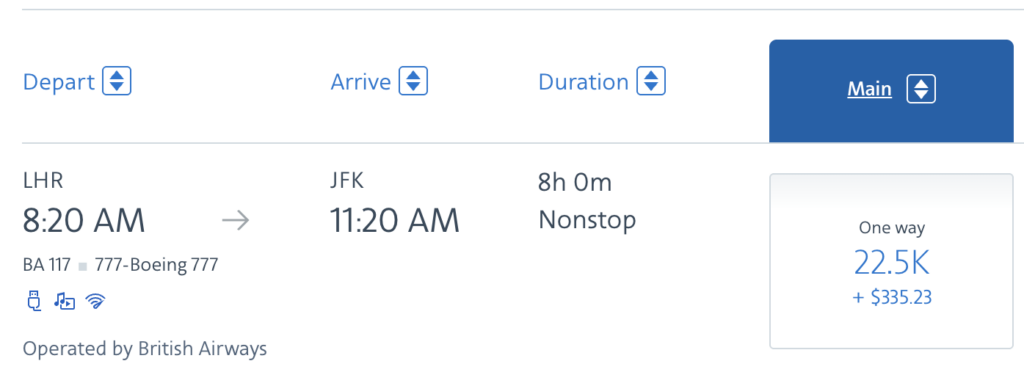 Award flight booking results on American Airlines