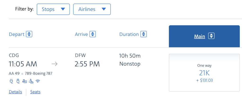 AA award flight booking results
