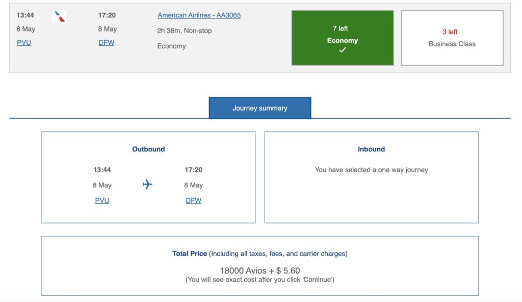 Award flight booking results with British Airways