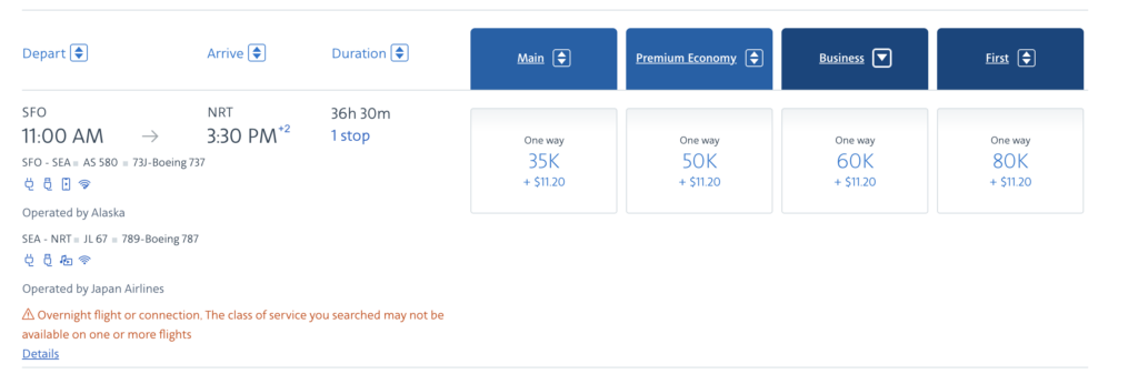 Award flight results for a flight from SFO to Tokyo