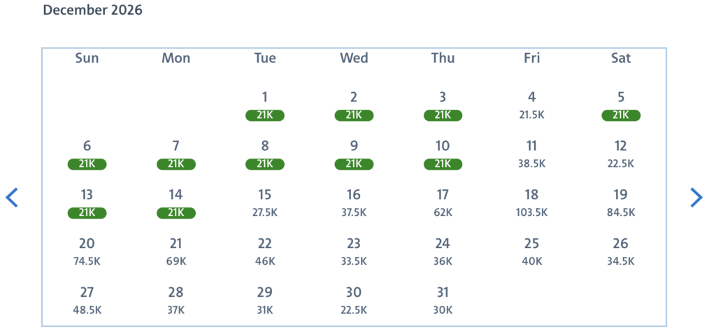 Award booking calendar view for December 2026