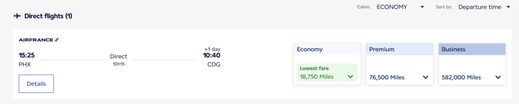Award flight results for flight from Phoenix to Paris
