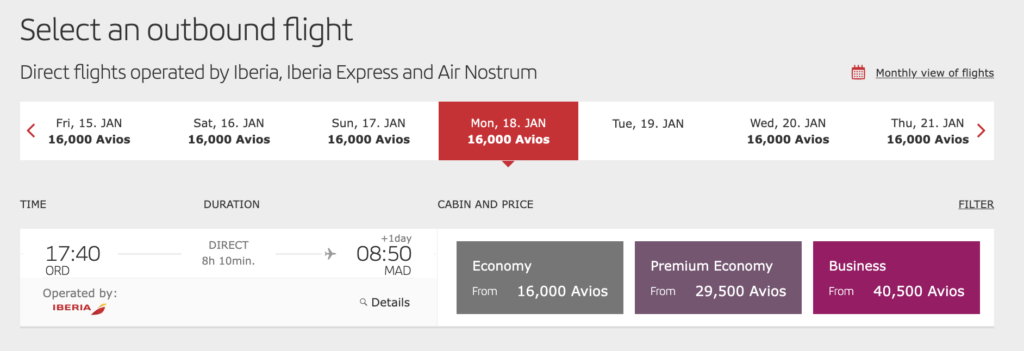 Award flight search results on Iberia