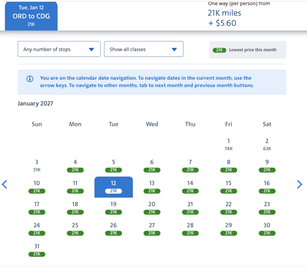 Award flight search results with American Airlines.