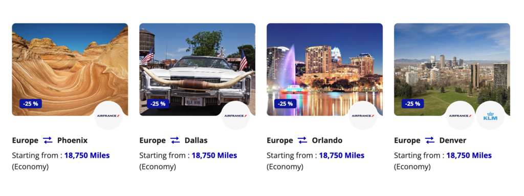 Flying Blue Promo reward examples in economy class starting at 18,750 miles. 