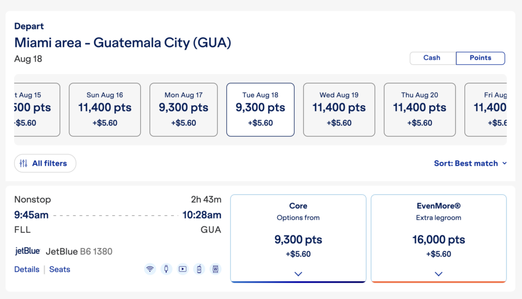JetBlue award flight results for MIA to GUA.