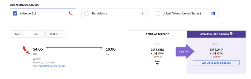 Award flight booking results with LifeMiles