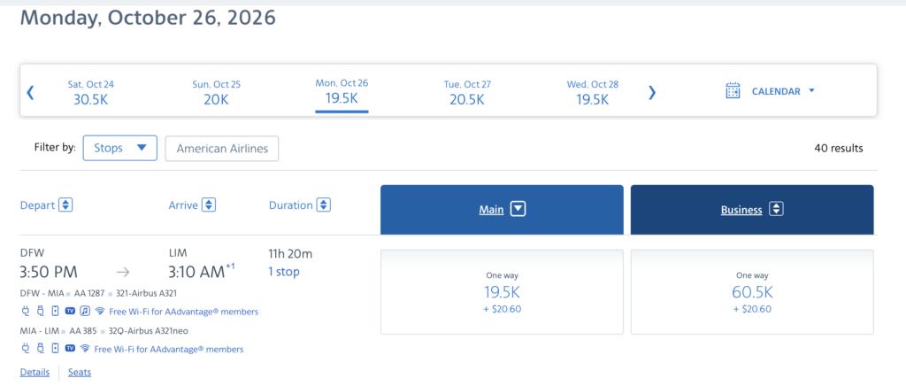 American Airlines award flight search results