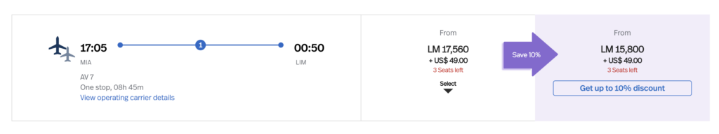 Award flight search results with LifeMiles