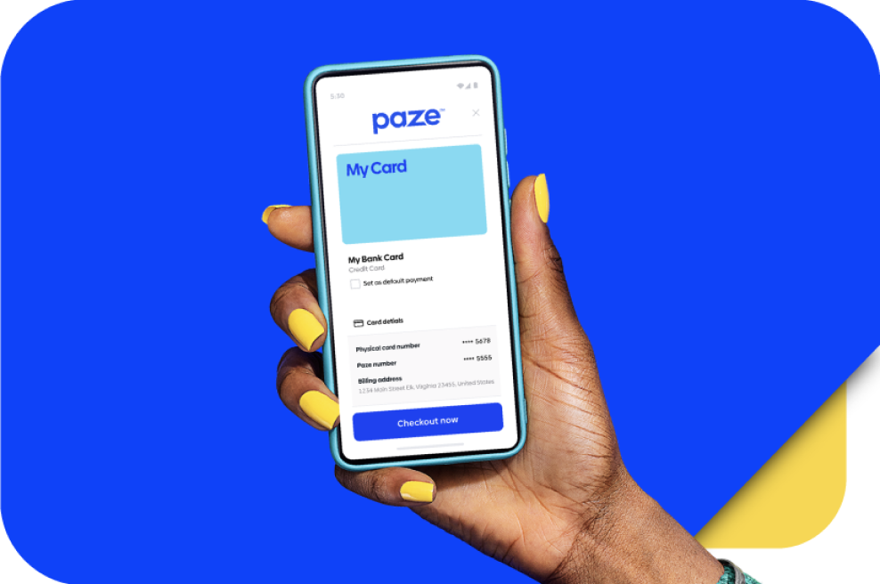 Hand holding cellphone in front of a blue background. The Paze app open