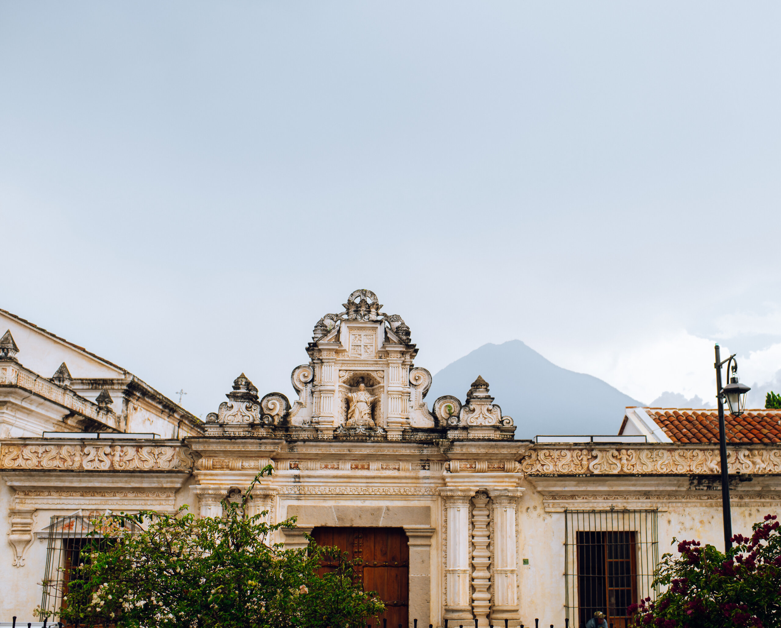 Old monastery with a volcano looming in the background