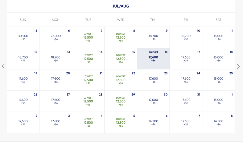 Delta award flight pricing calendar.