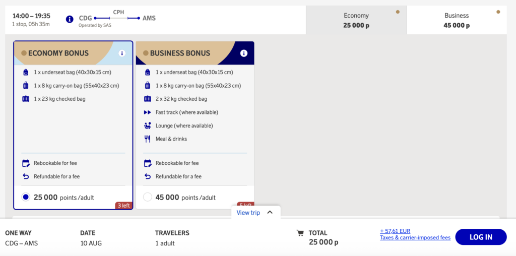 Award flight search results with SAS airlines