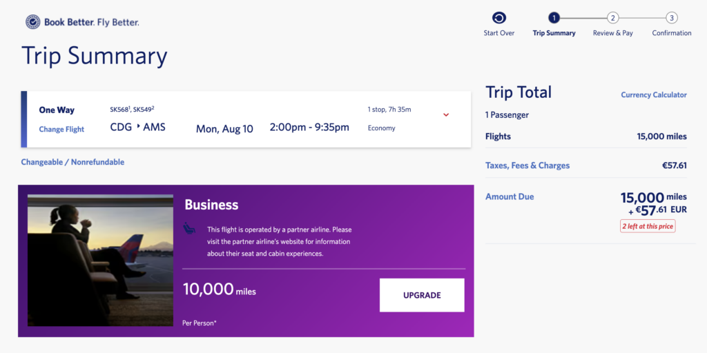 Award flight results with Delta SkyMiles