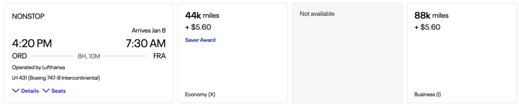 Award flight search results on United.com
