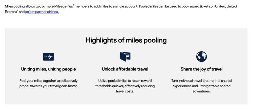 List of the highlights of United's mileage pooling feature.
