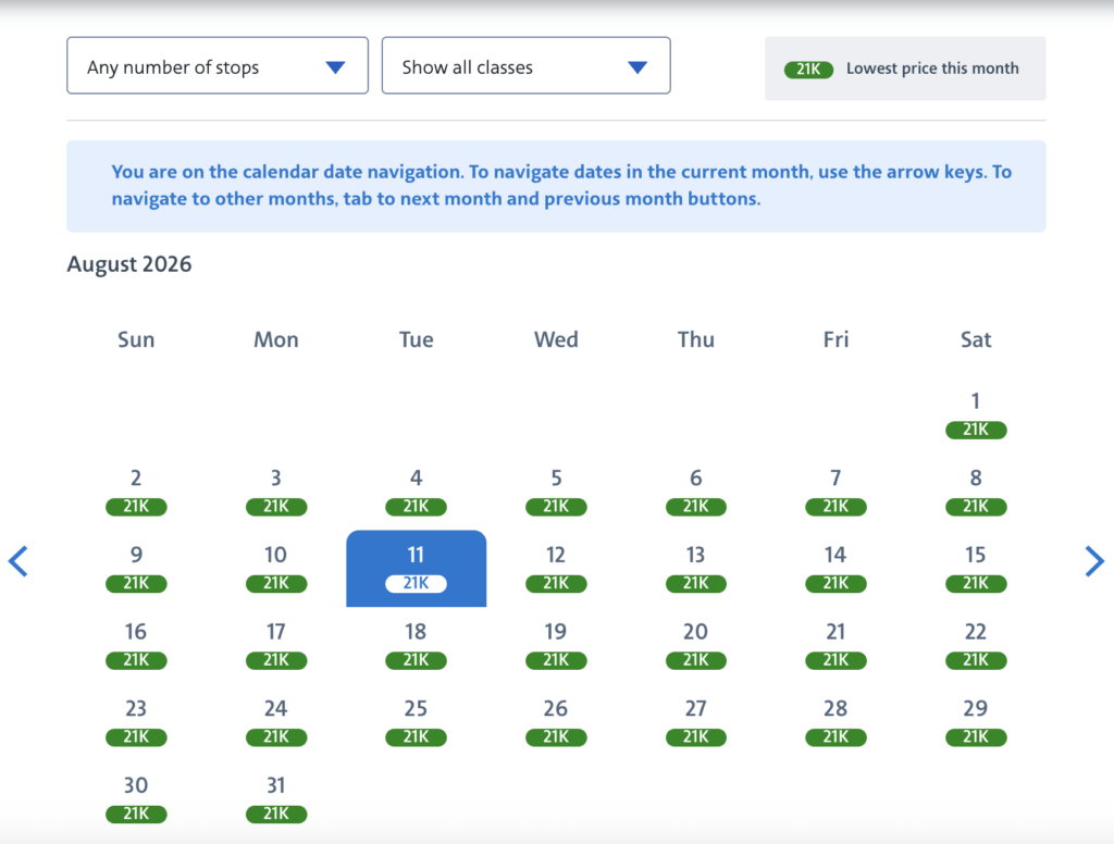 Calendar view of wide-open award sale flights with American Airlines Aadvantage.