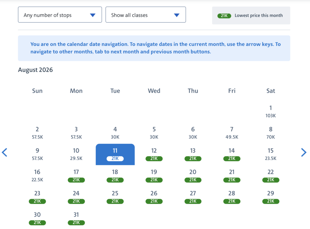 Calendar view of award availability for flights with American Airlines AAdvantage.
