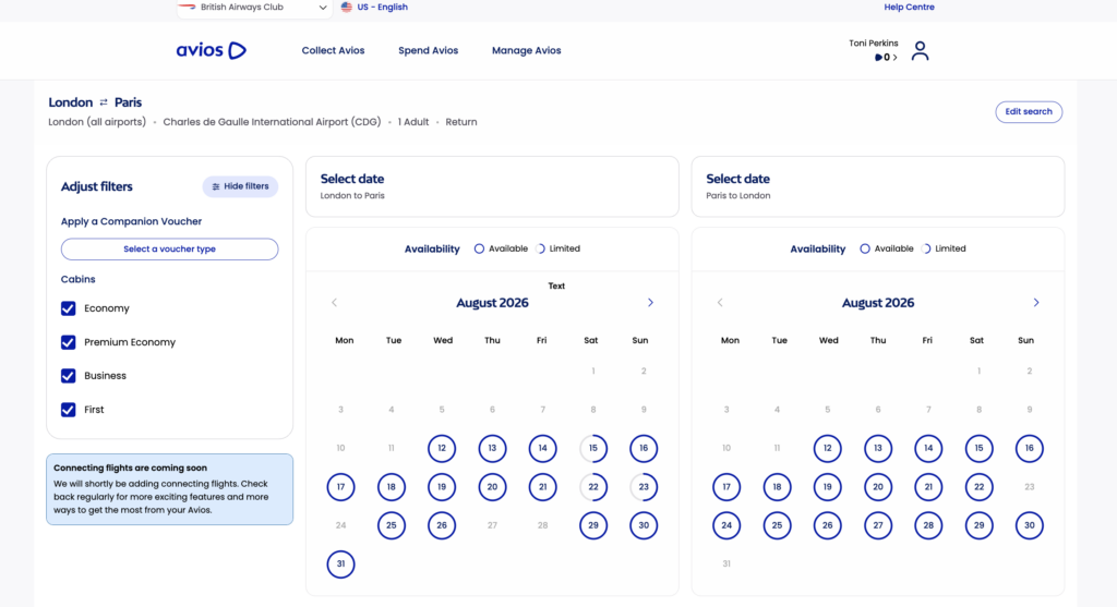 New Avios calendar feature for searching award flights.