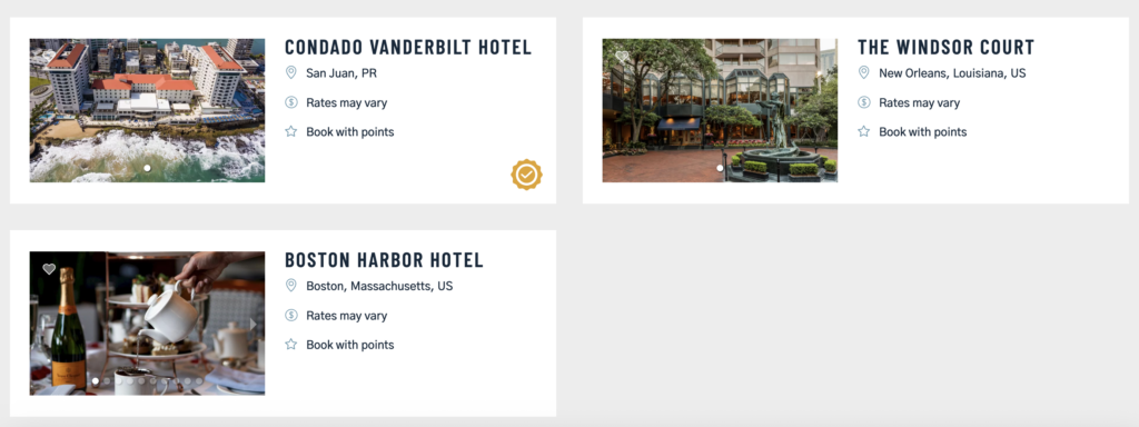 Three hotel listings showing the option to Book with points