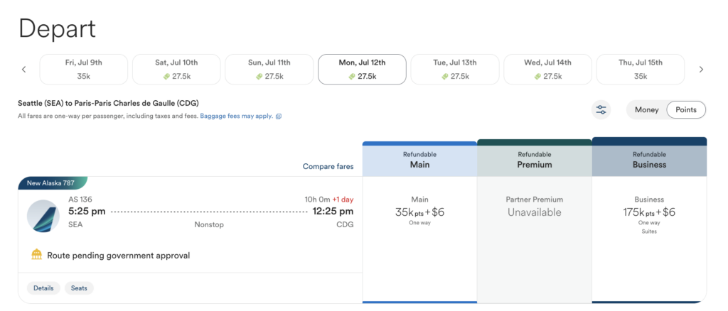 Alaska Airlines award flight search results for Seattle to Paris for 35,000 miles