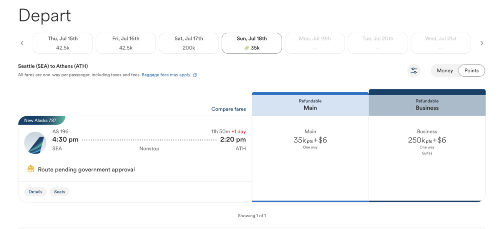 Alaska Airlines flight from Seattle to Athens for 35,000 miles in economy.