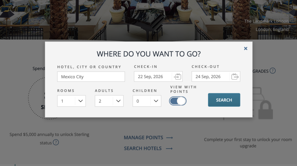 LHW booking page with the option to book with points toggled on