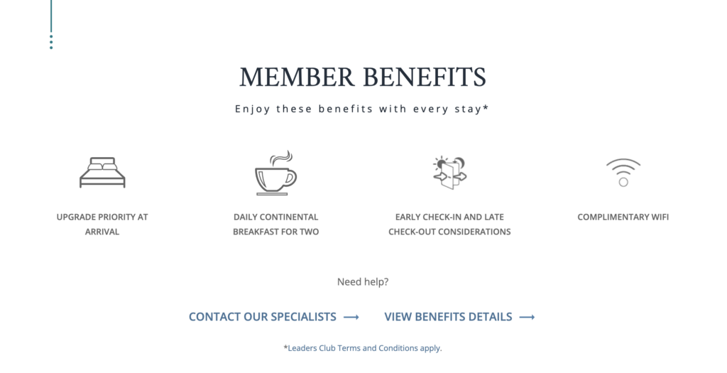 Leaders Club member benefits like complimentary breakfast.
