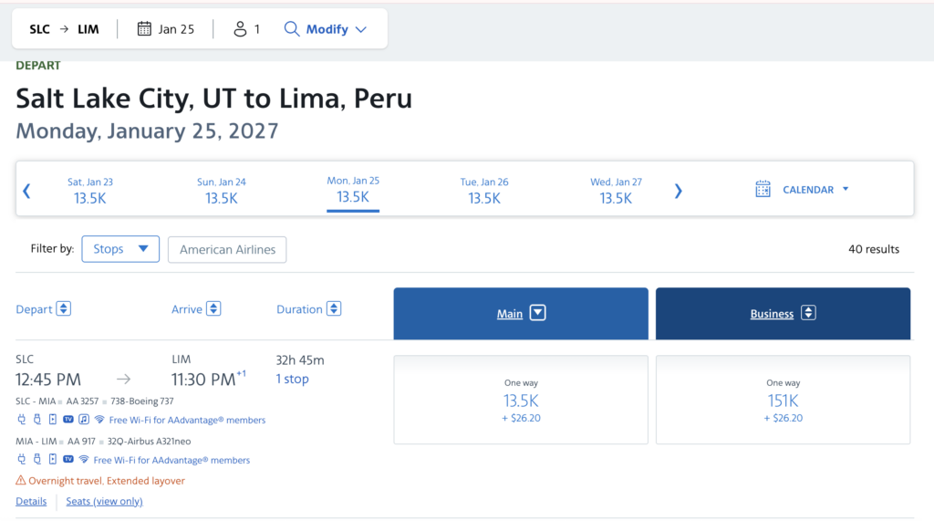 Award flight results for an AA flight from SLC to Lima, Peru