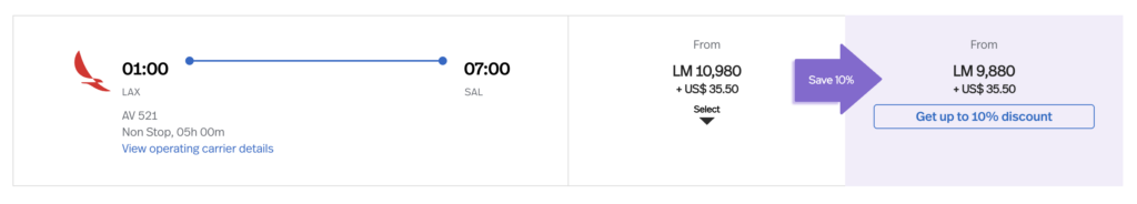 Award flight search results from Lifemiles