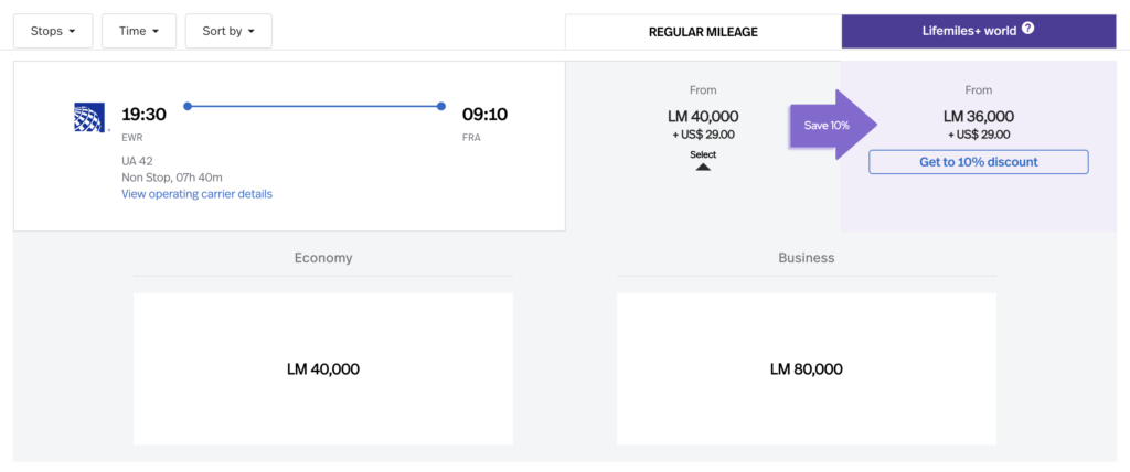 Award booking search results for a flight booked with Avianca Lifemiles