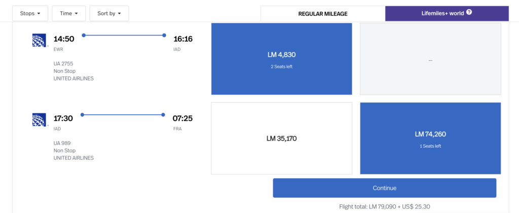 Award booking results for a mixed-cabin redemption with Avianca Lifemiles
