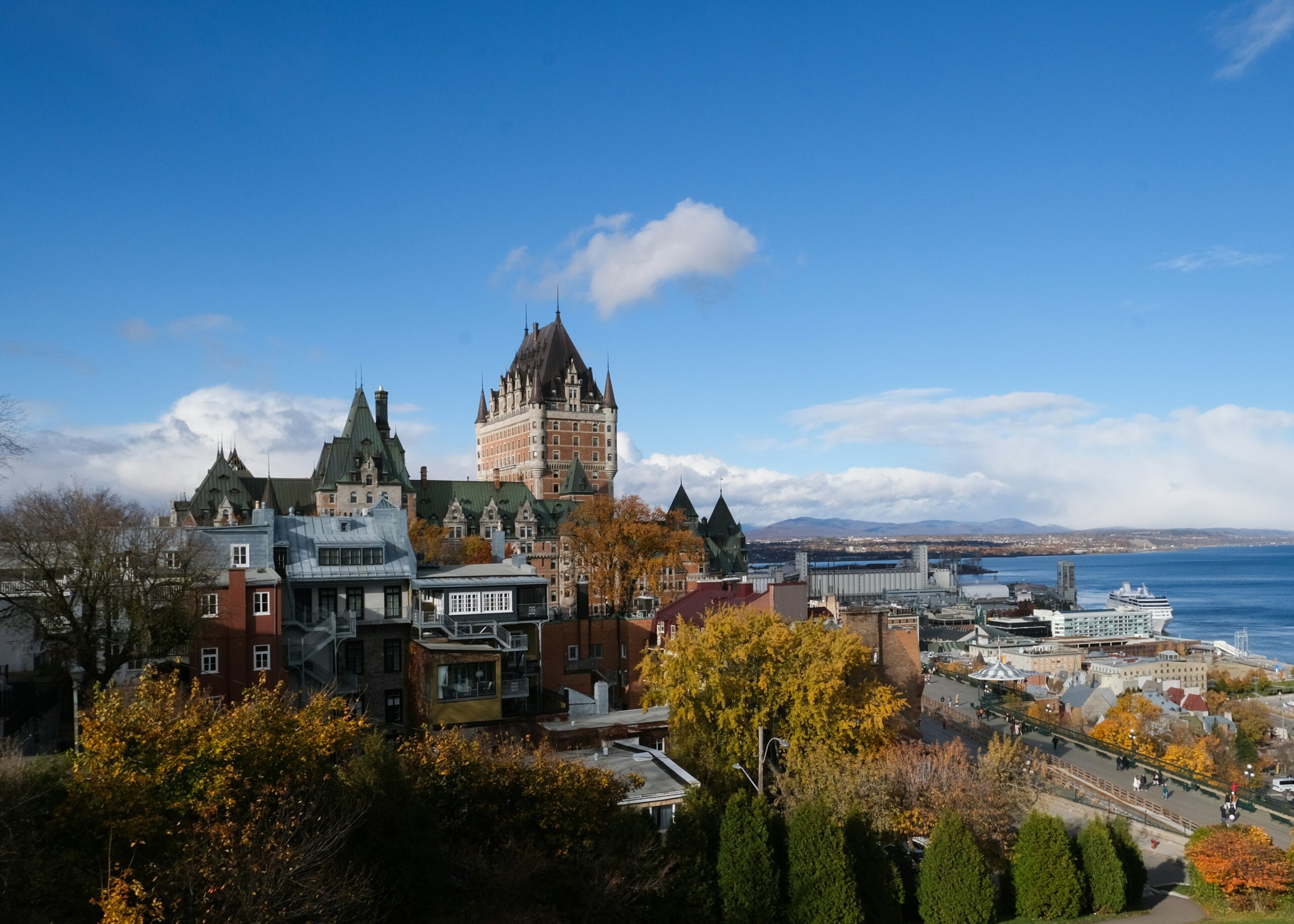 Chateau on a hill overlooking the sea during the fall