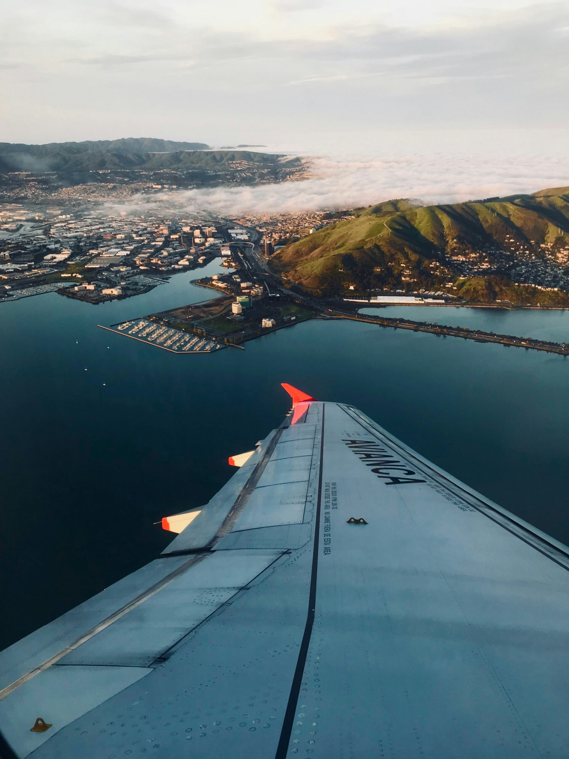 Avianca airplane wing view looking out at a mountainous beach
