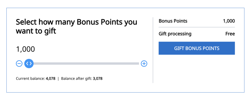 Gift points option showing no fee.