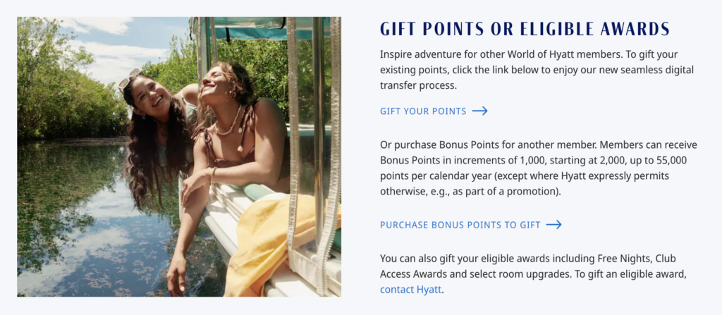 World of Hyatt landing page for points sharing and gifting.
